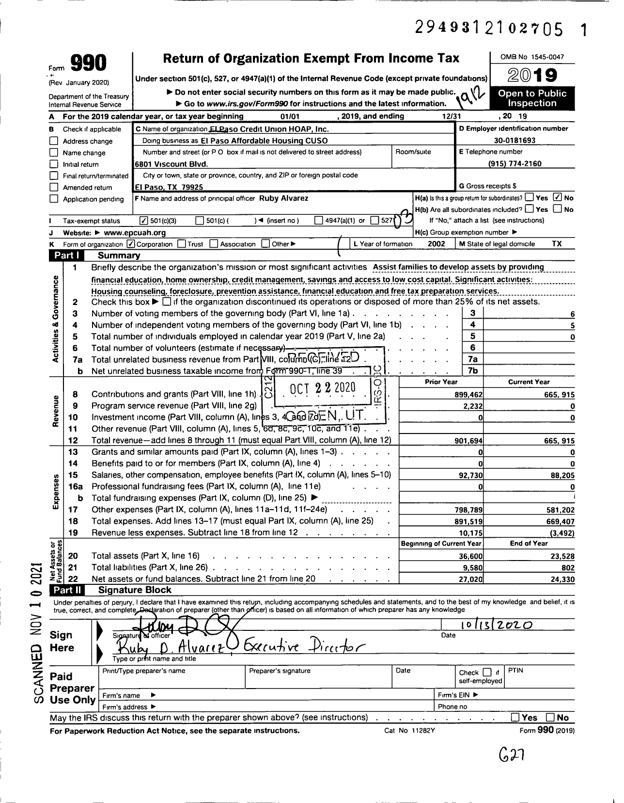 Image of first page of 2019 Form 990 for El Paso Credit Union Hoap