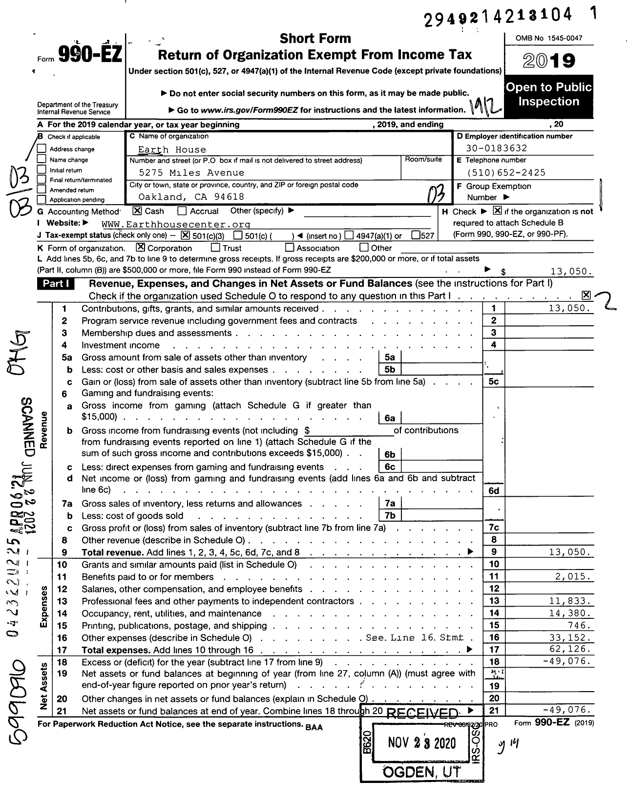 Image of first page of 2019 Form 990EZ for Earth House