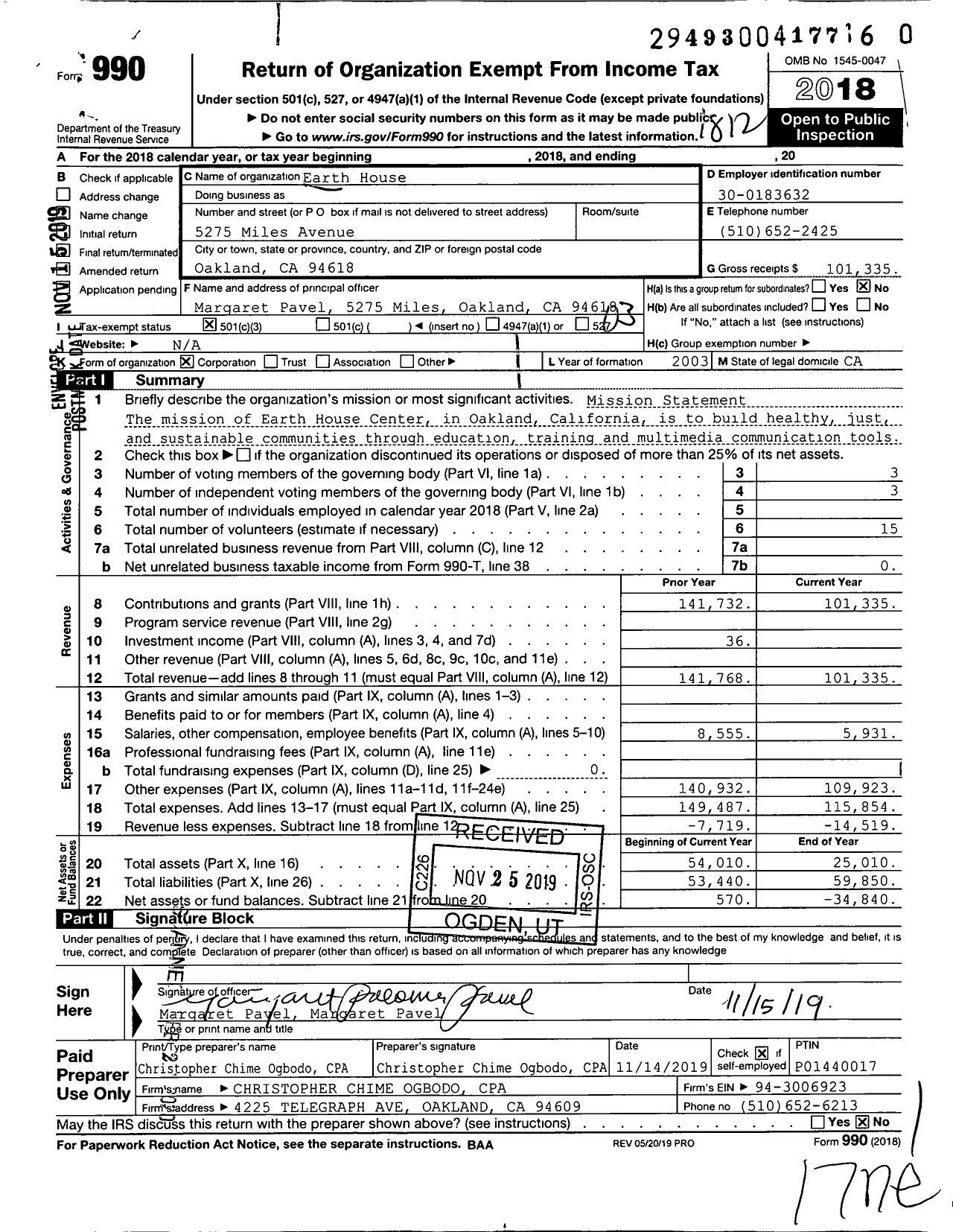 Image of first page of 2018 Form 990 for Earth House