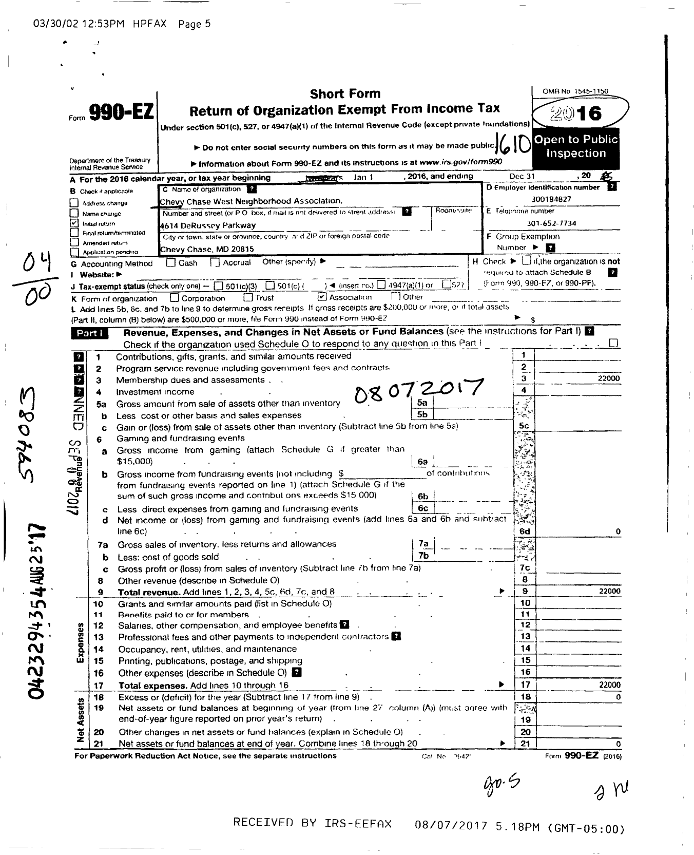 Image of first page of 2015 Form 990EO for Chevy Chase West Neighborhood Association