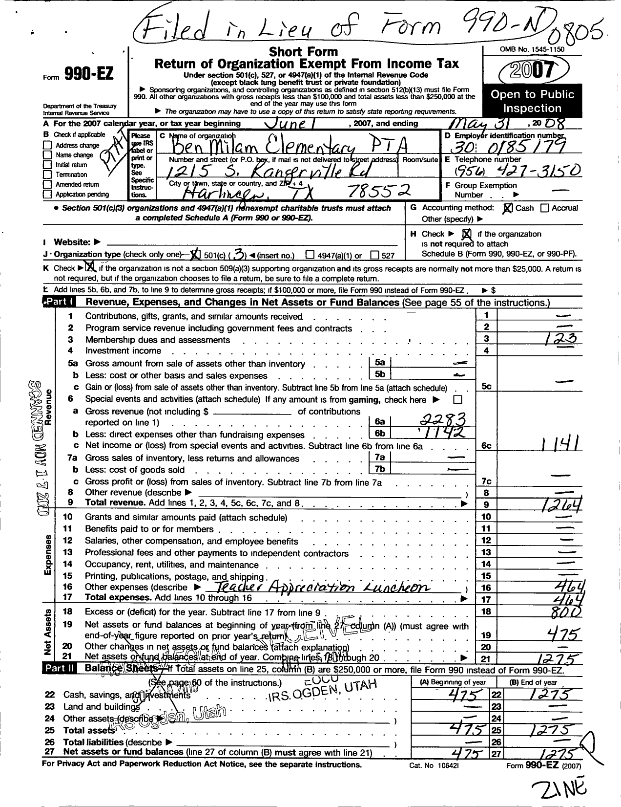 Image of first page of 2007 Form 990EZ for Texas PTA - Ben Milam Elementary PTA