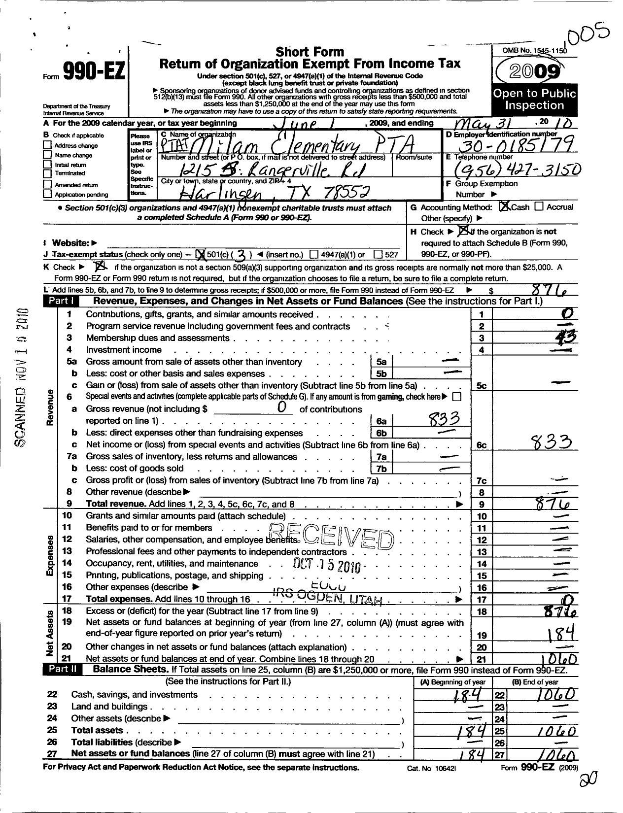 Image of first page of 2009 Form 990EZ for Texas PTA - Ben Milam Elementary PTA