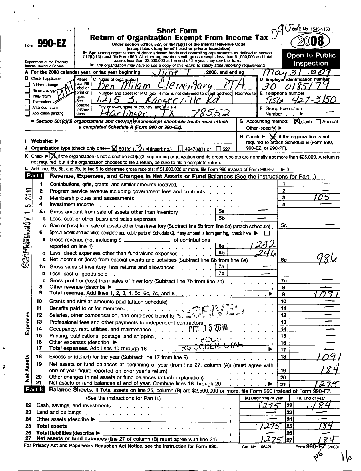 Image of first page of 2008 Form 990EZ for Texas PTA - Ben Milam Elementary PTA