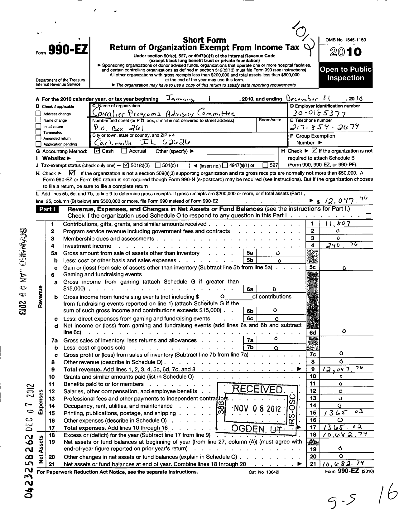 Image of first page of 2010 Form 990EZ for Cavalier Programs Advisory Committee