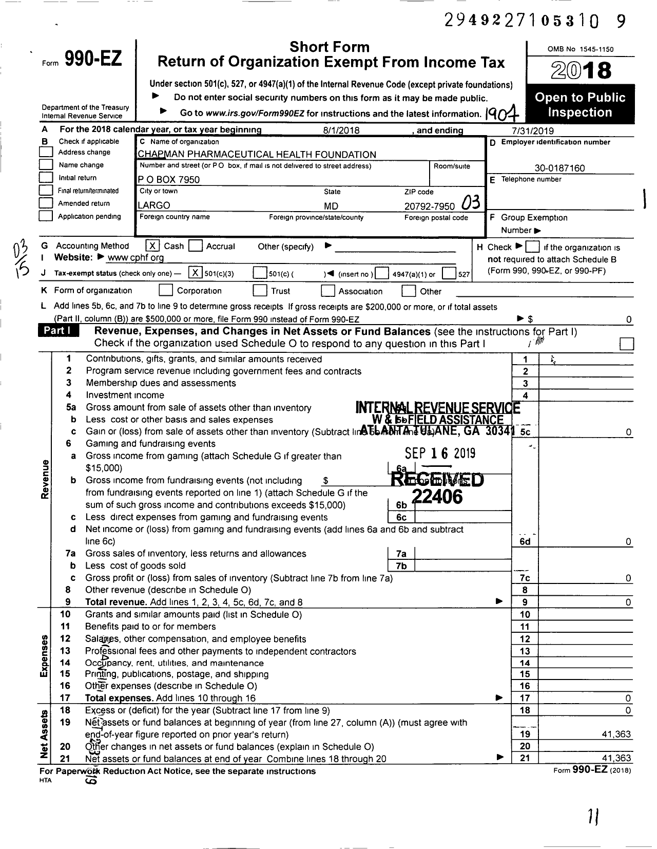 Image of first page of 2018 Form 990EZ for Chapman Pharmaceutical Health Foundation