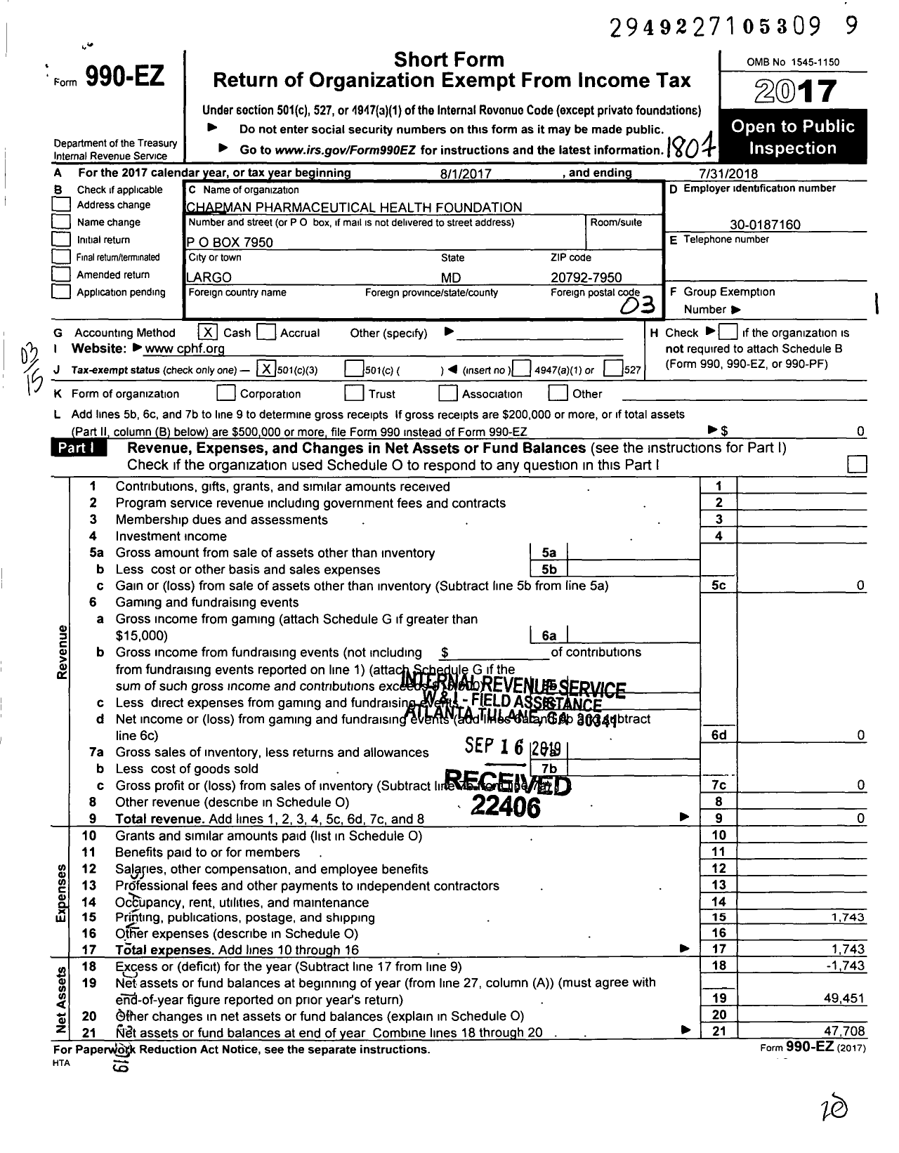 Image of first page of 2017 Form 990EZ for Chapman Pharmaceutical Health Foundation