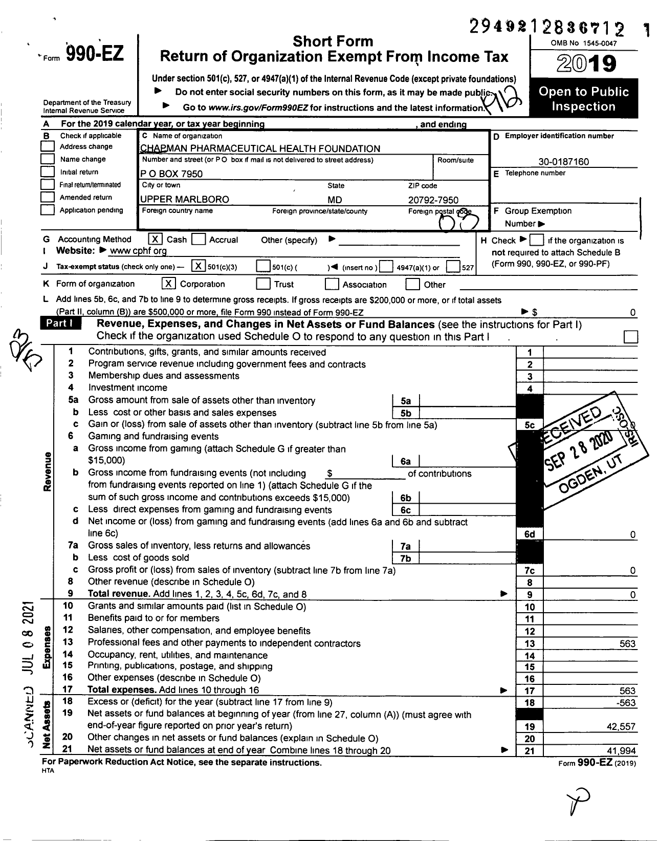 Image of first page of 2019 Form 990EZ for Chapman Pharmaceutical Health Foundation