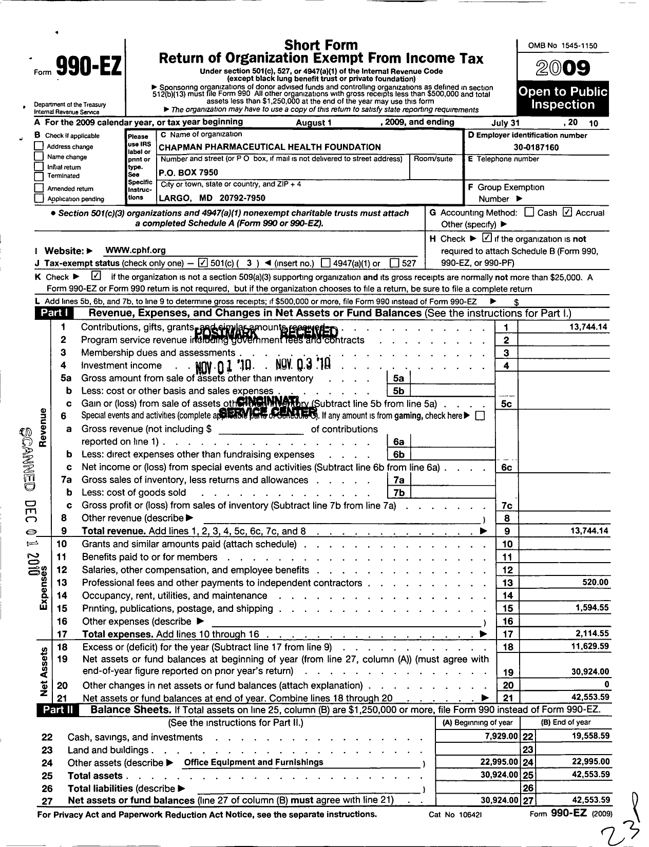 Image of first page of 2009 Form 990EZ for Chapman Pharmaceutical Health Foundation