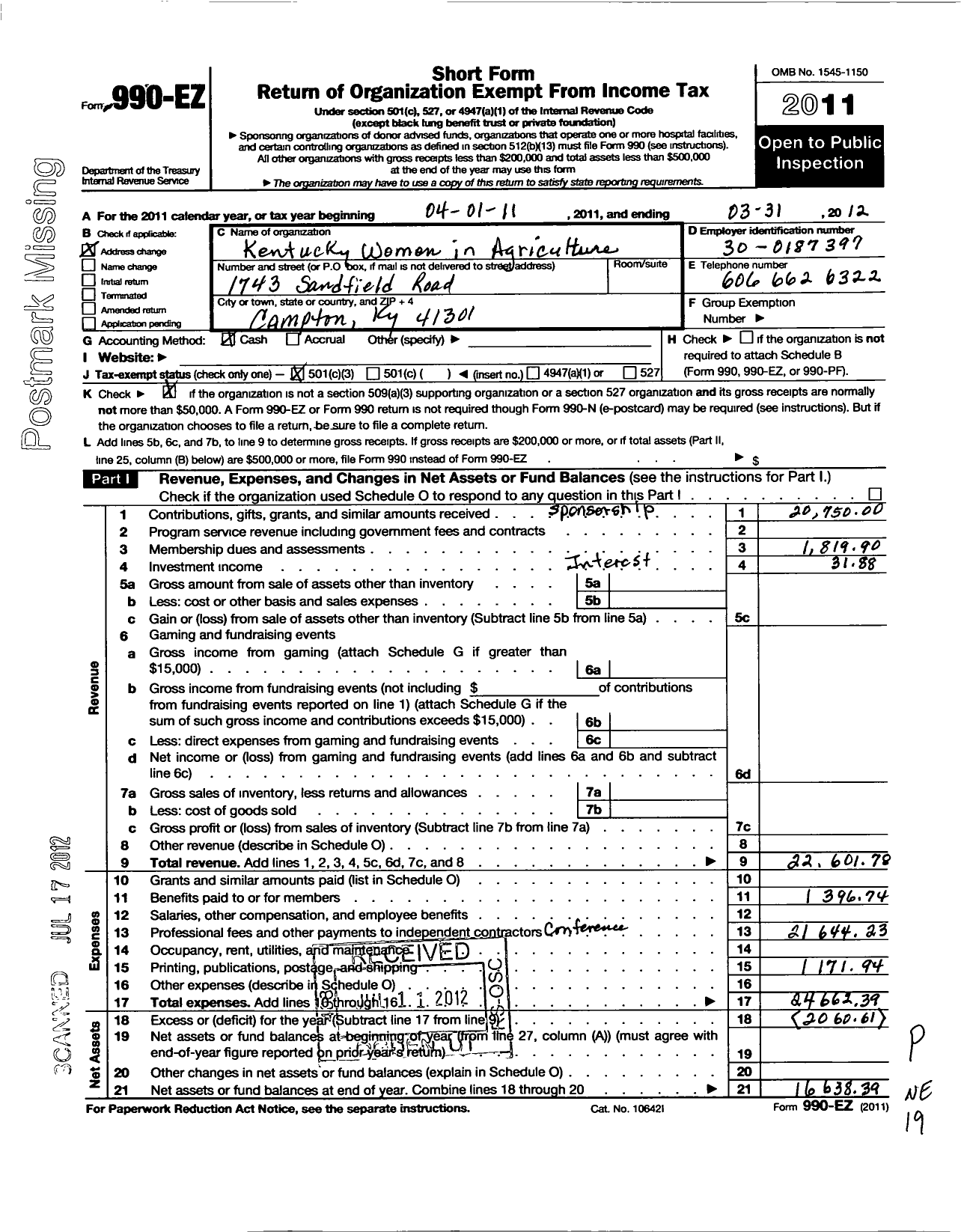 Image of first page of 2011 Form 990EZ for Kentucky Women in Agriculture