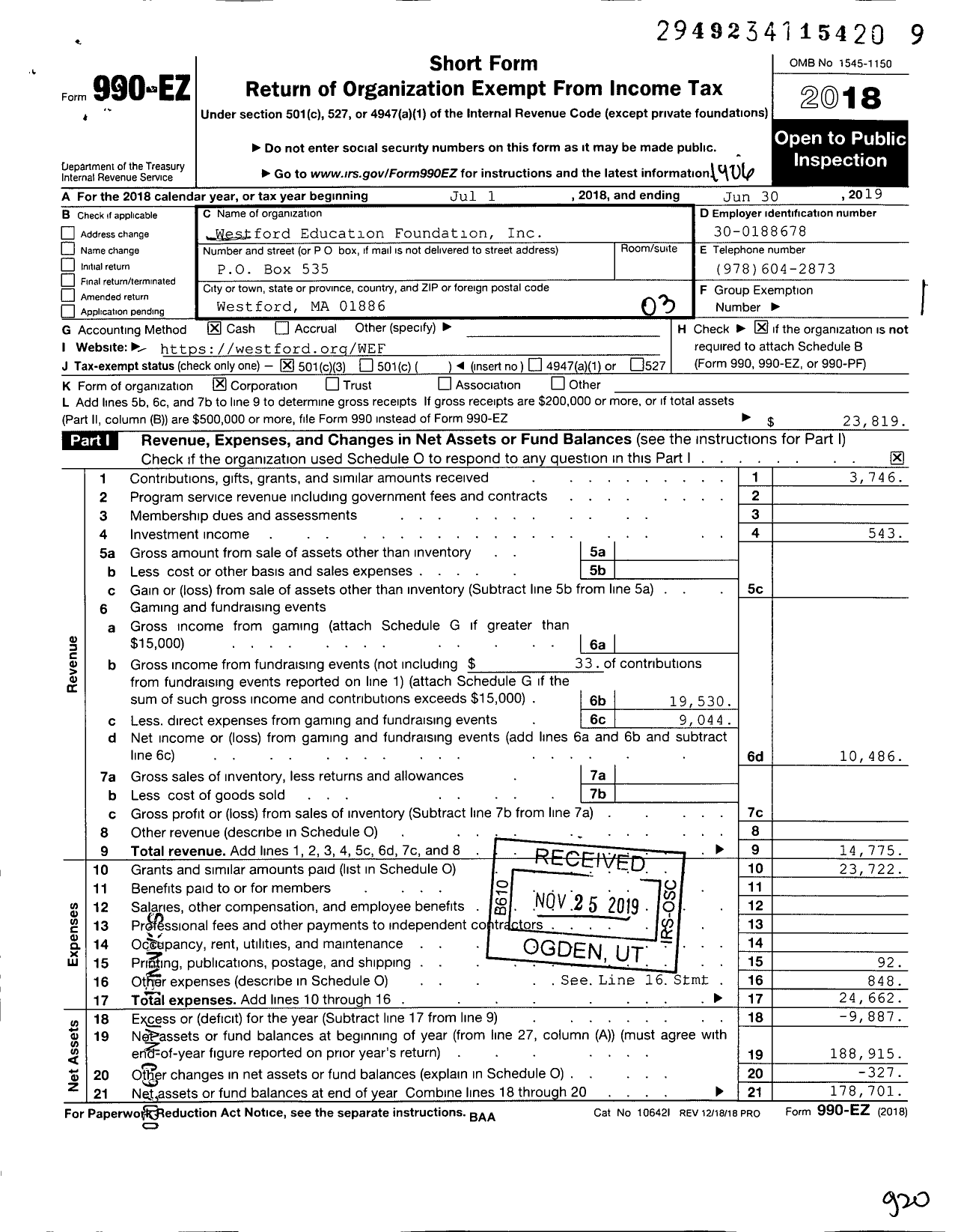 Image of first page of 2018 Form 990EZ for Westford Education Foundation