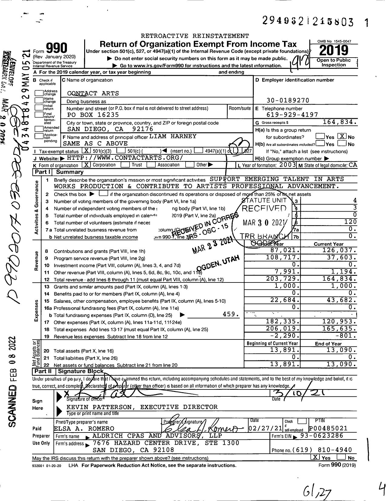 Image of first page of 2019 Form 990 for Contact Arts