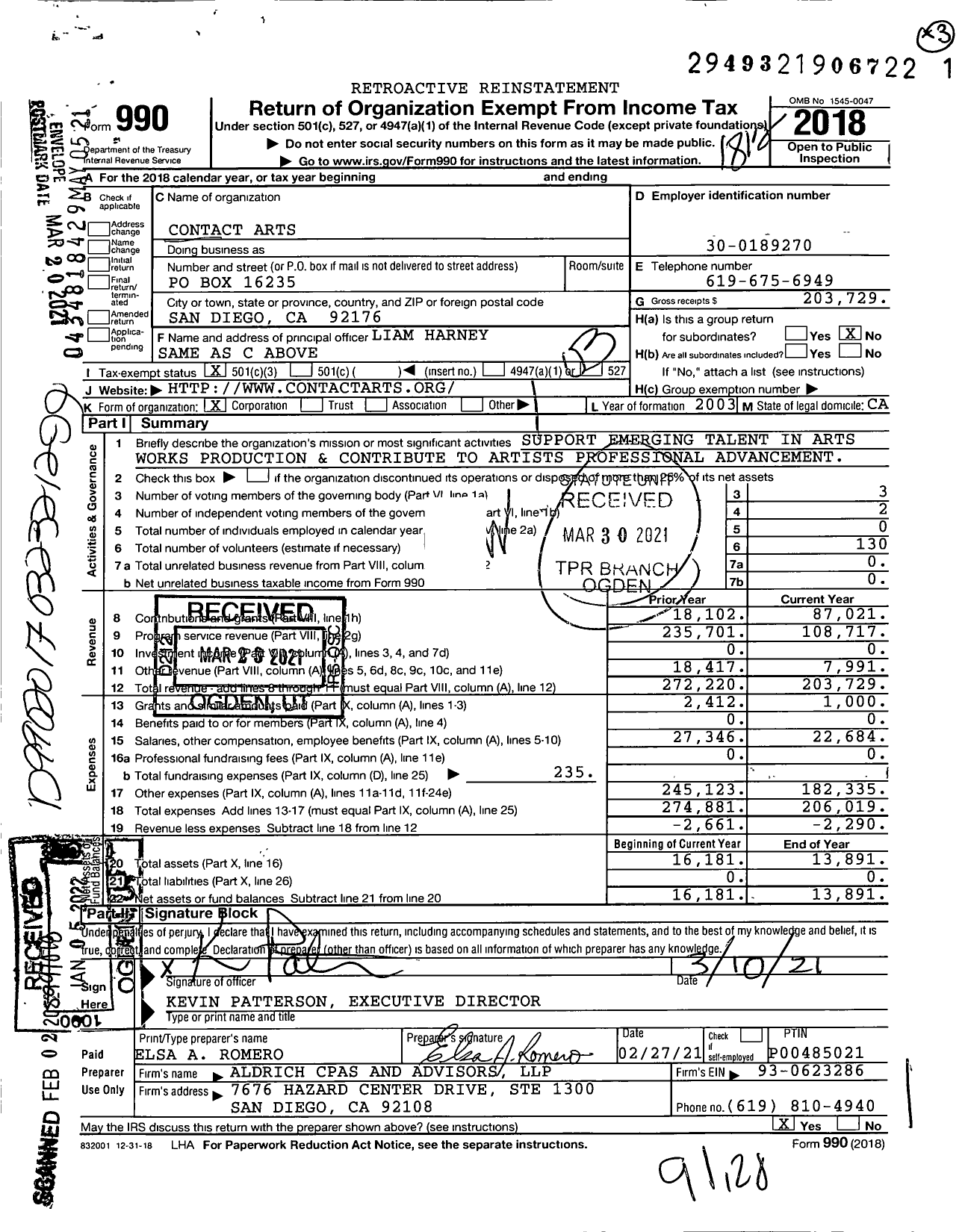 Image of first page of 2018 Form 990 for Contact Arts