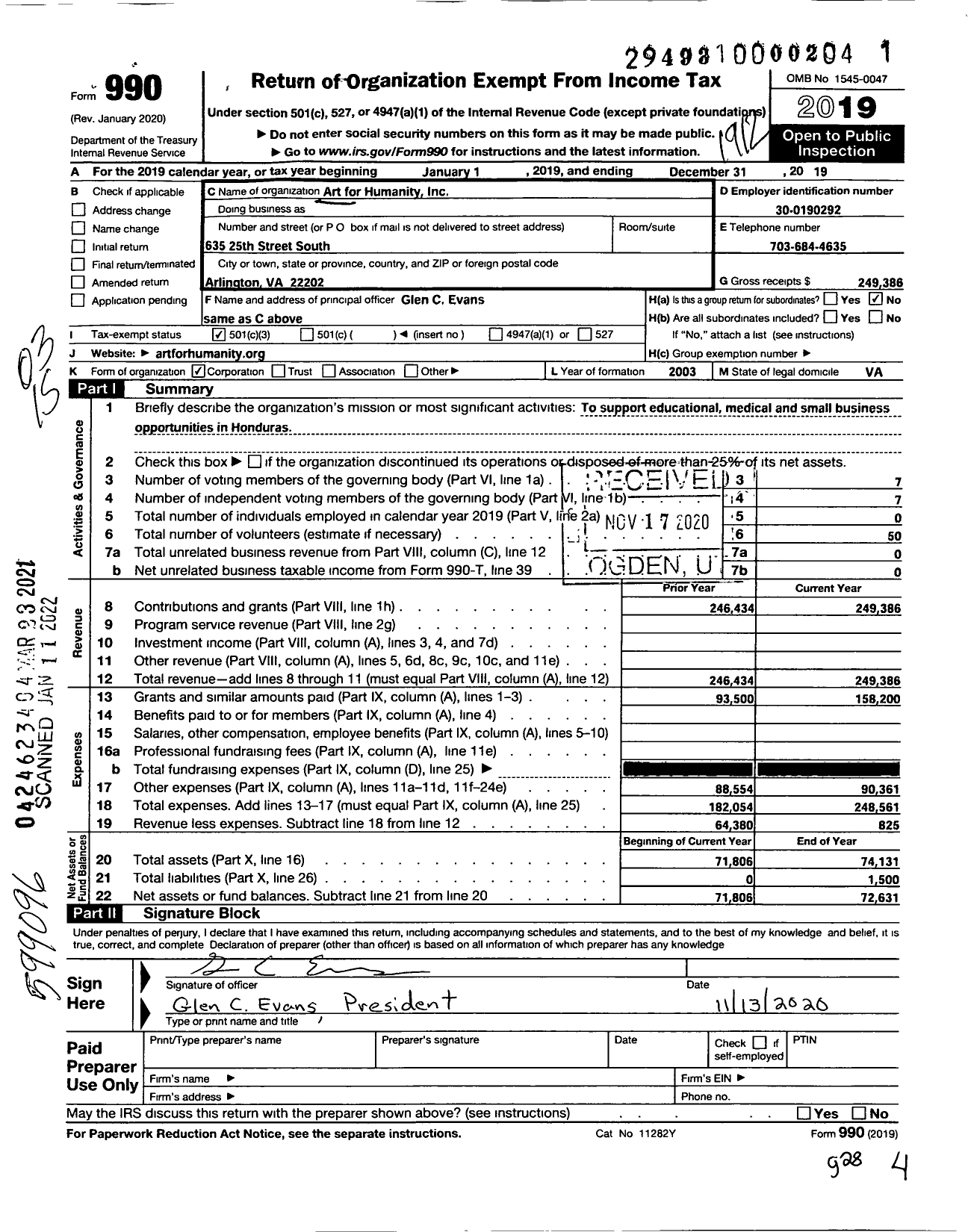 Image of first page of 2019 Form 990 for Art for Humanity