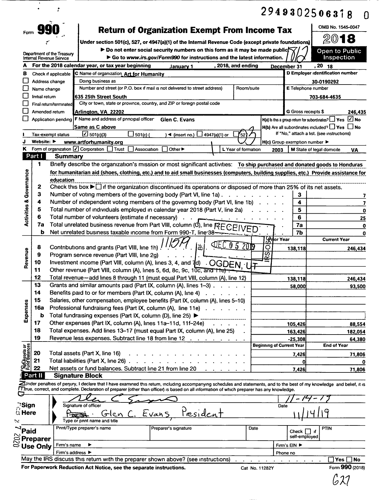 Image of first page of 2018 Form 990 for Art for Humanity