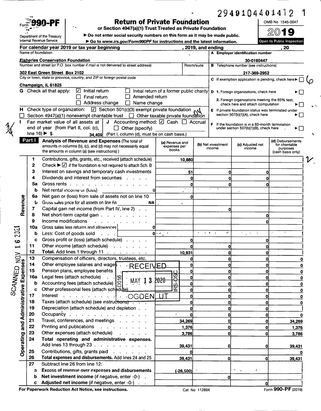 Image of first page of 2019 Form 990PF for Fisheries Conservation Foundation