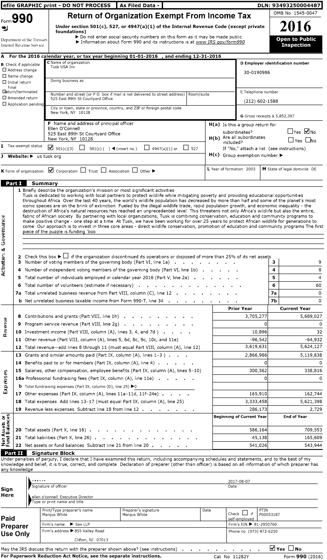 Image of first page of 2016 Form 990 for Tusk USA