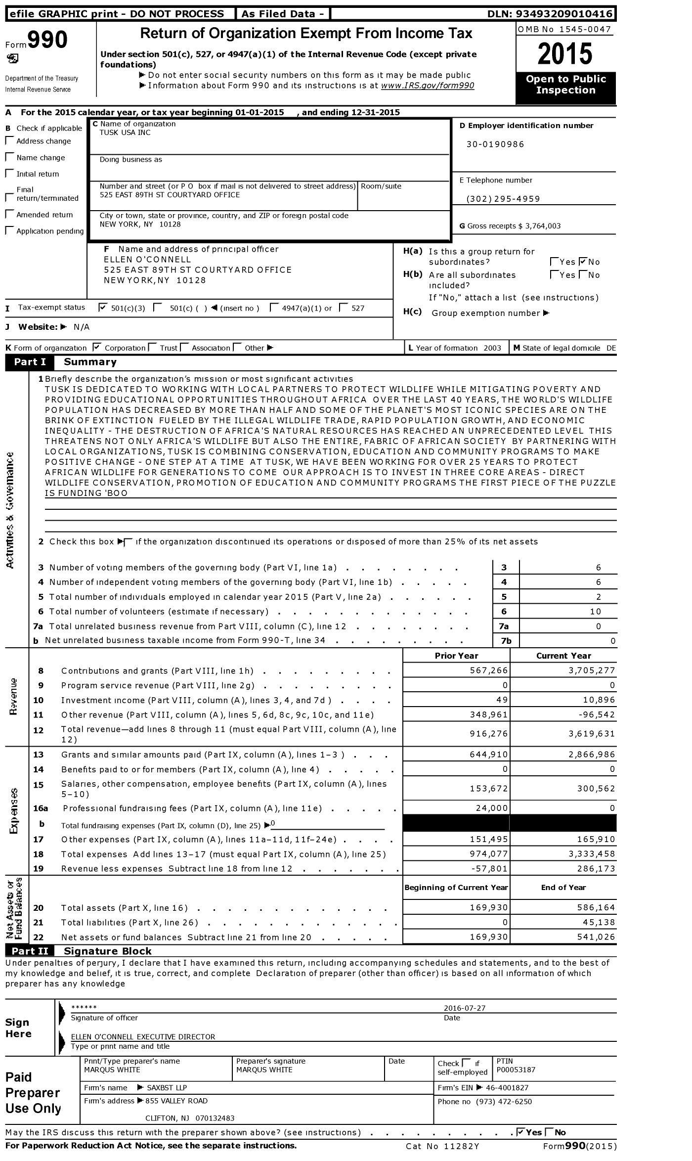 Image of first page of 2015 Form 990 for Tusk USA