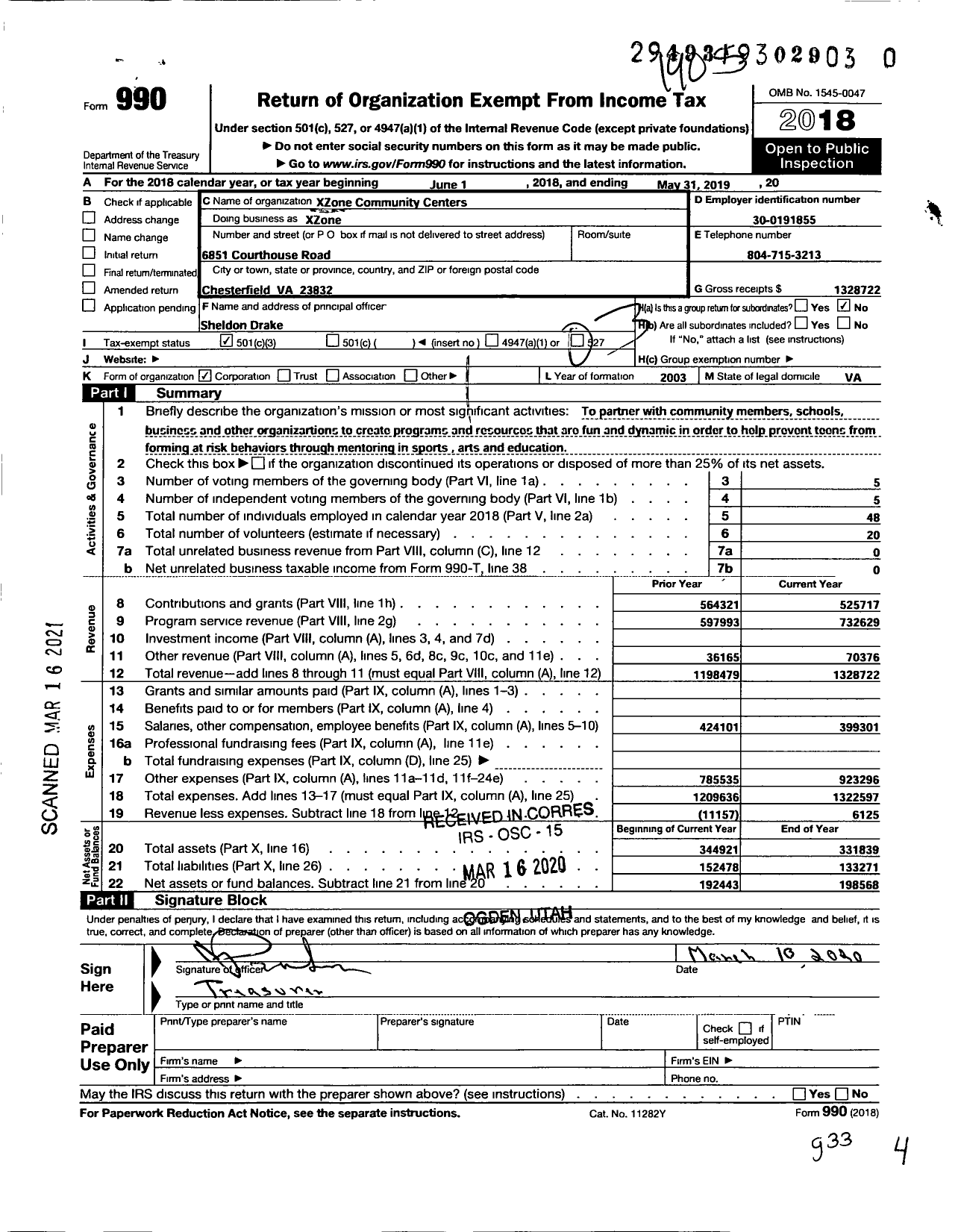 Image of first page of 2018 Form 990 for Xzone Community Centers