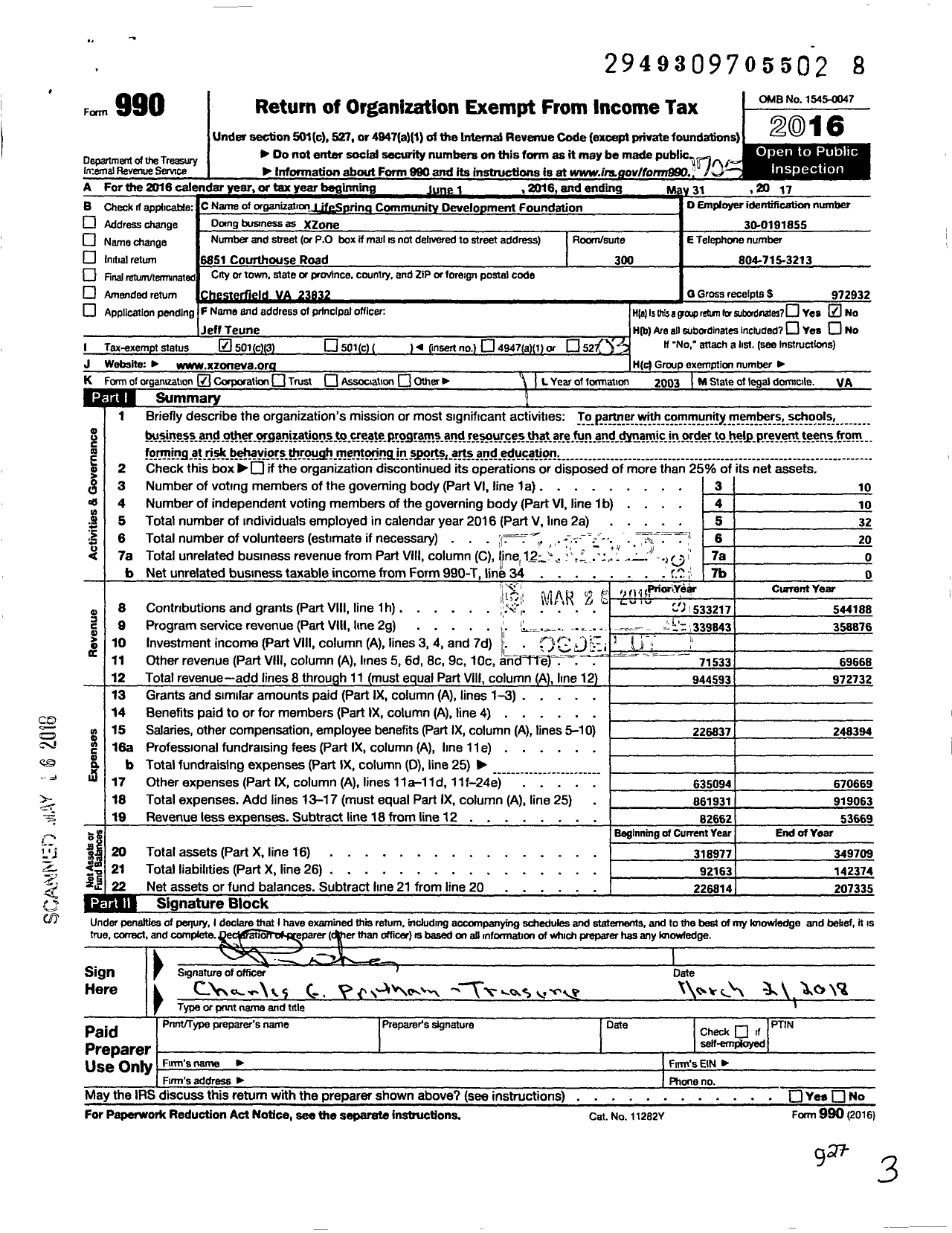 Image of first page of 2016 Form 990 for Xzone Community Centers