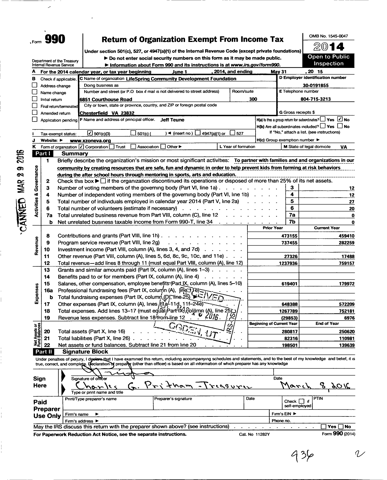 Image of first page of 2014 Form 990 for Xzone Community Centers
