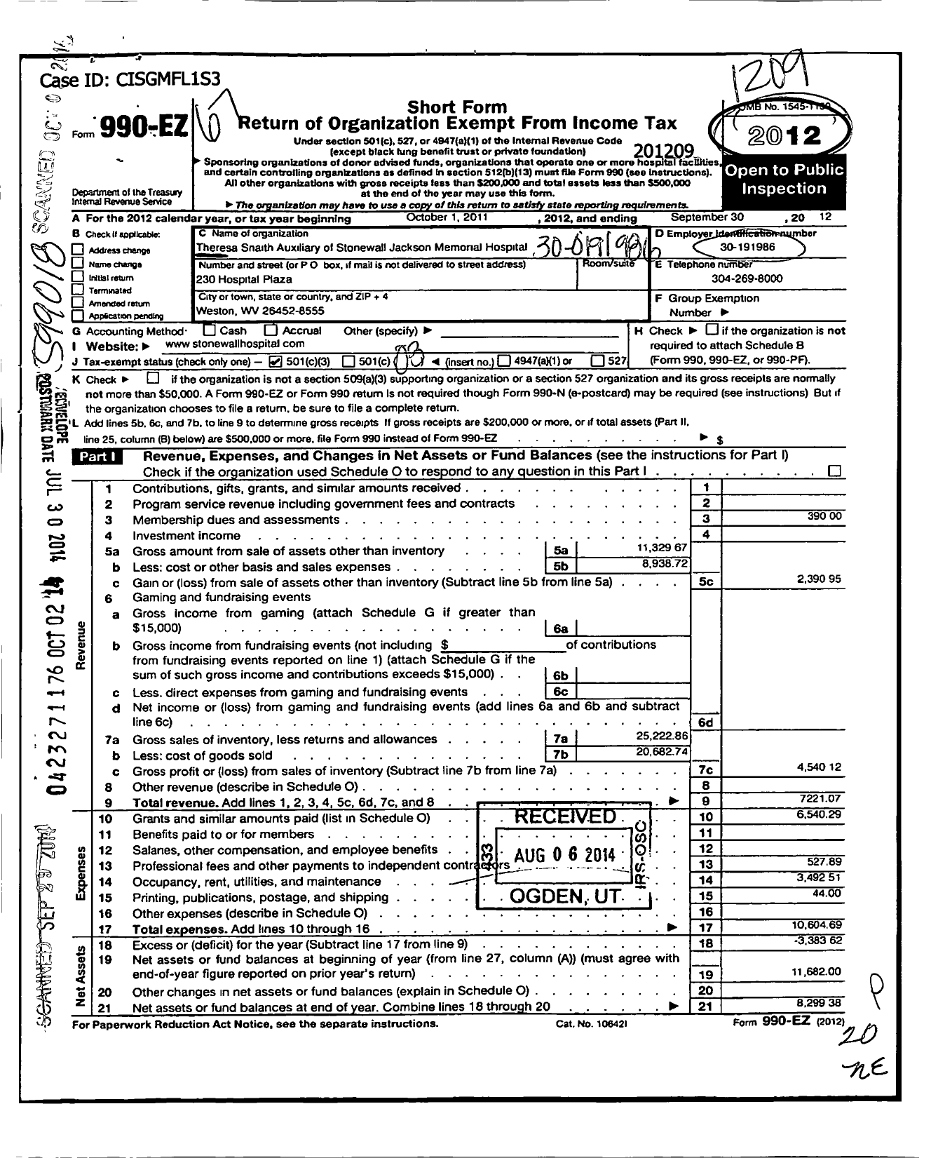 Image of first page of 2011 Form 990EZ for Theresa Snaith Auxiliary To Stonewall Jackson Memorial