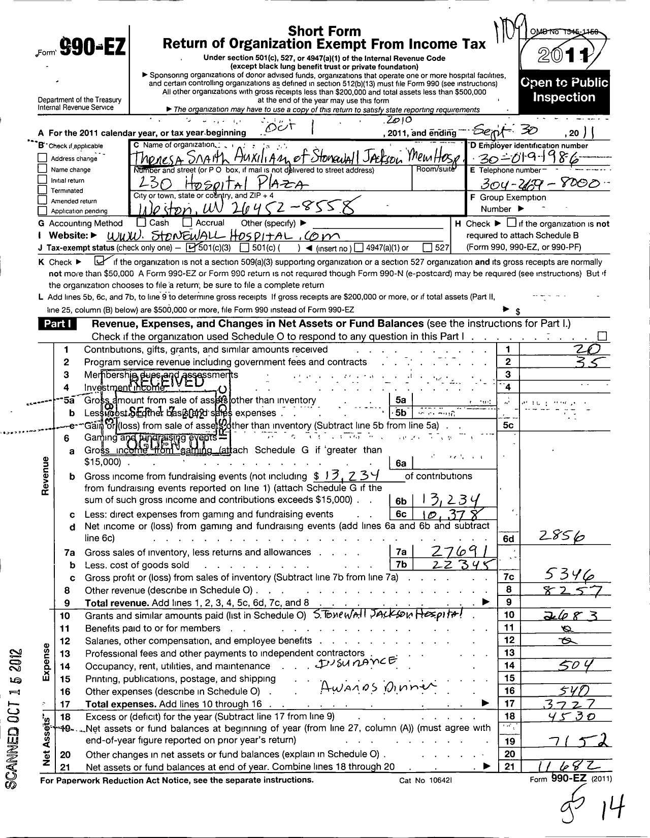 Image of first page of 2010 Form 990EZ for Theresa Snaith Auxiliary To Stonewall Jackson Memorial