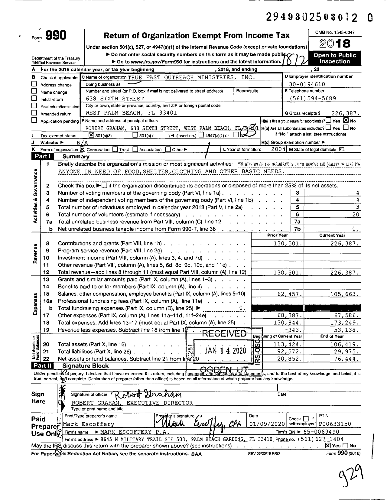 Image of first page of 2018 Form 990 for True Fast Outreach Ministries