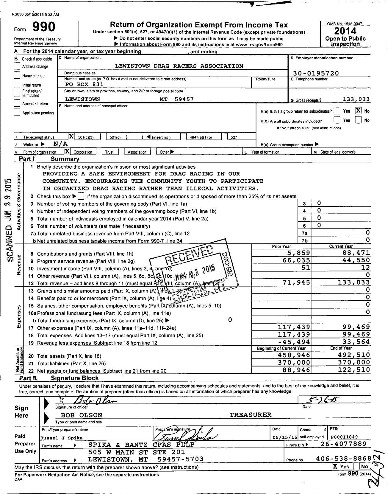 Image of first page of 2014 Form 990 for Lewistown Drag Racers Association