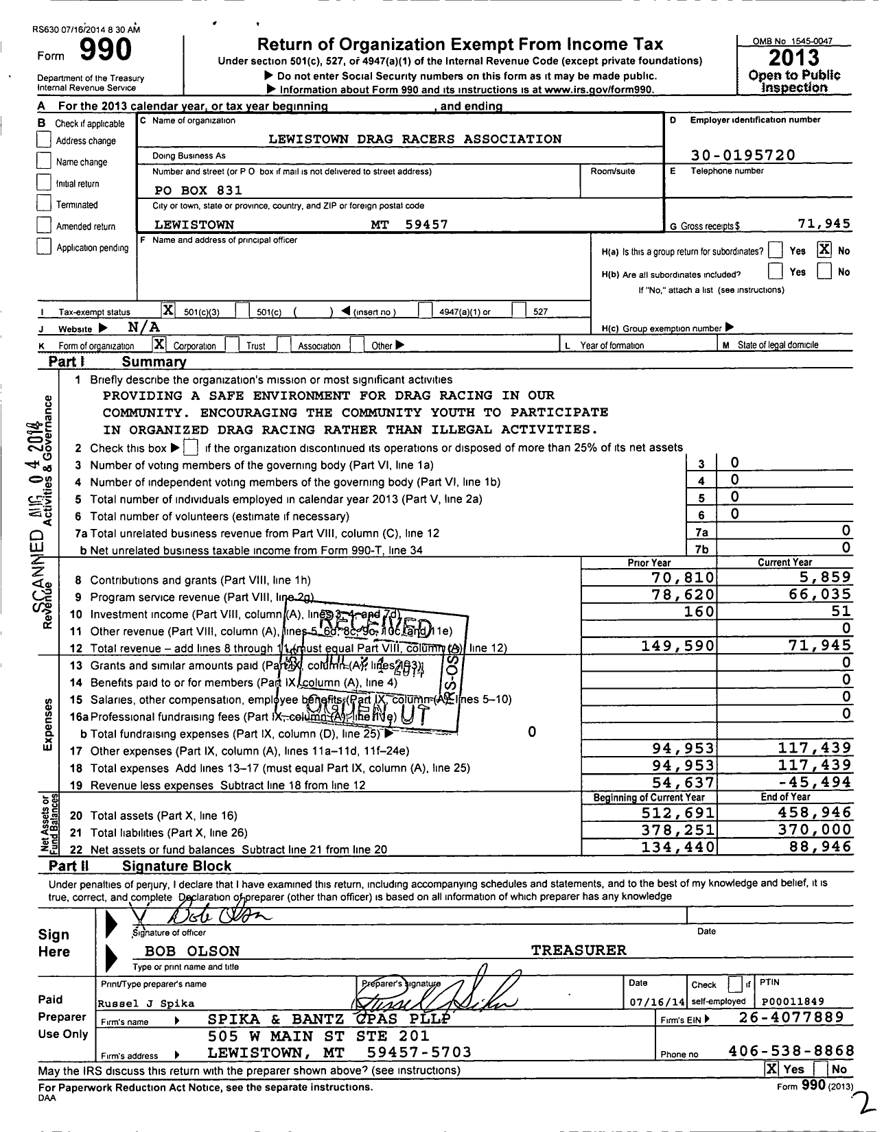 Image of first page of 2013 Form 990 for Lewistown Drag Racers Association