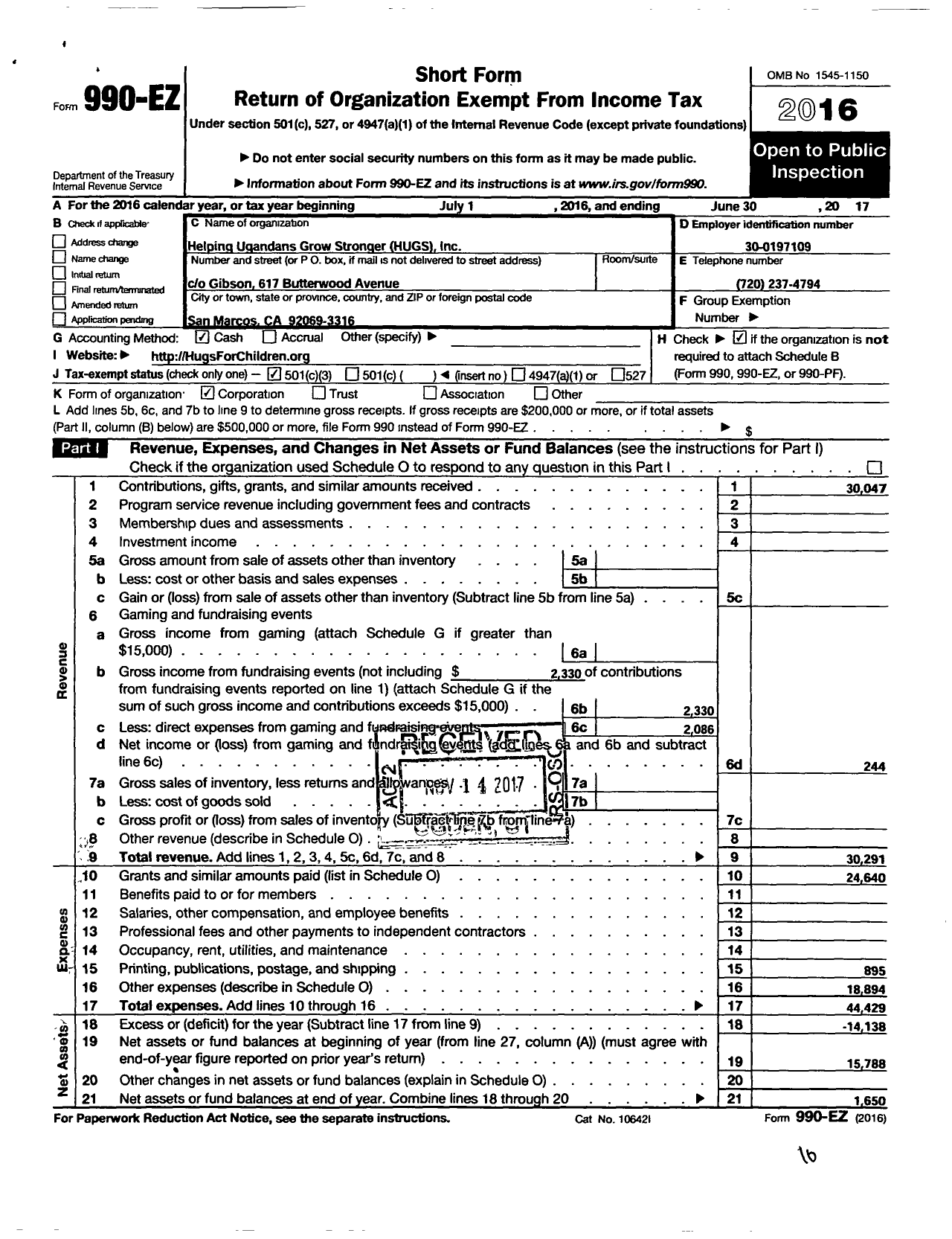 Image of first page of 2016 Form 990EZ for Helping Ugandans Grow Stronger Hugs