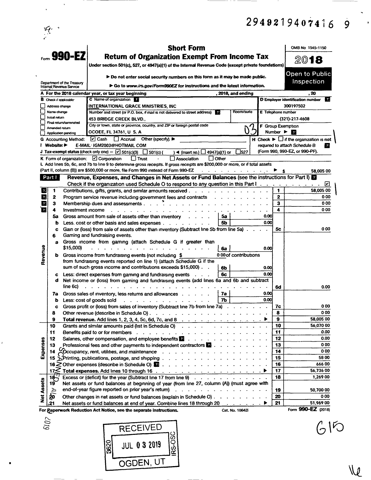 Image of first page of 2018 Form 990EZ for International Grace Ministries