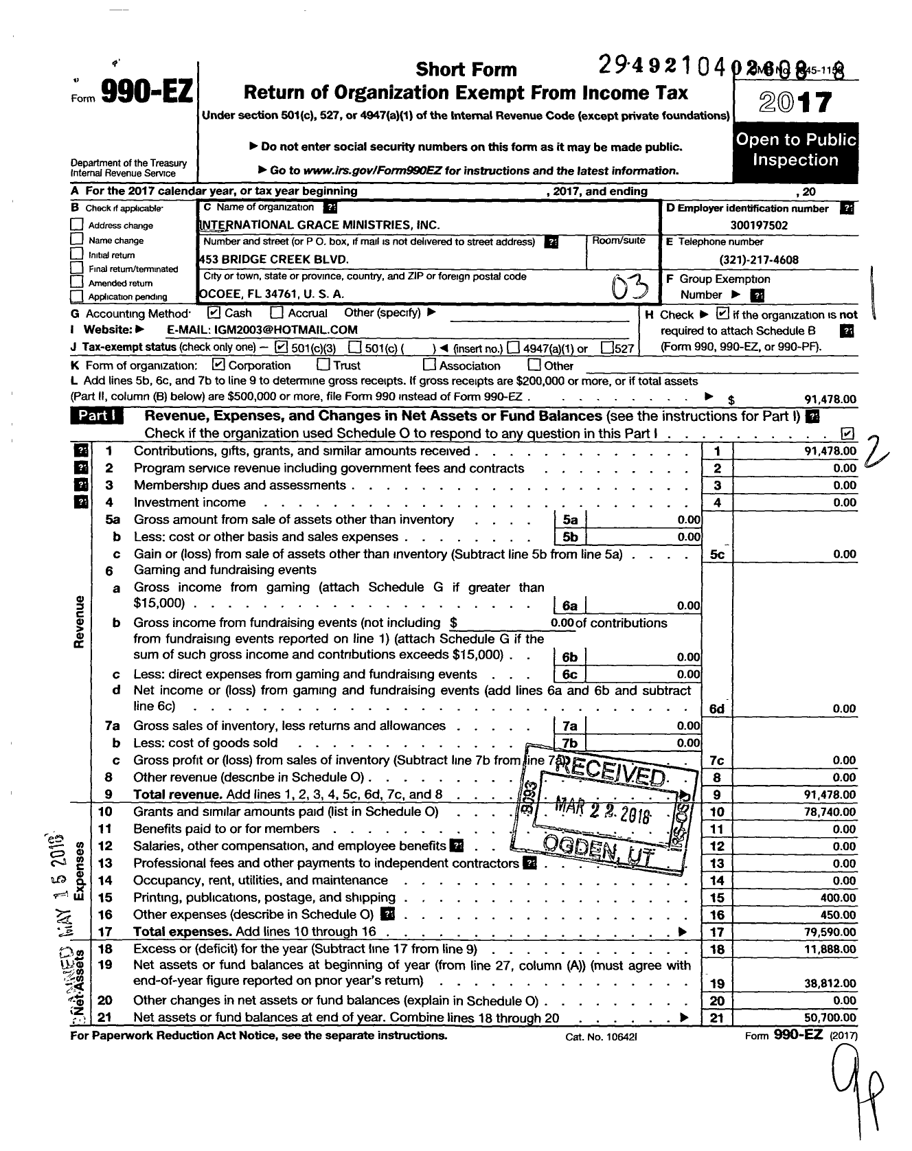 Image of first page of 2017 Form 990EZ for International Grace Ministries