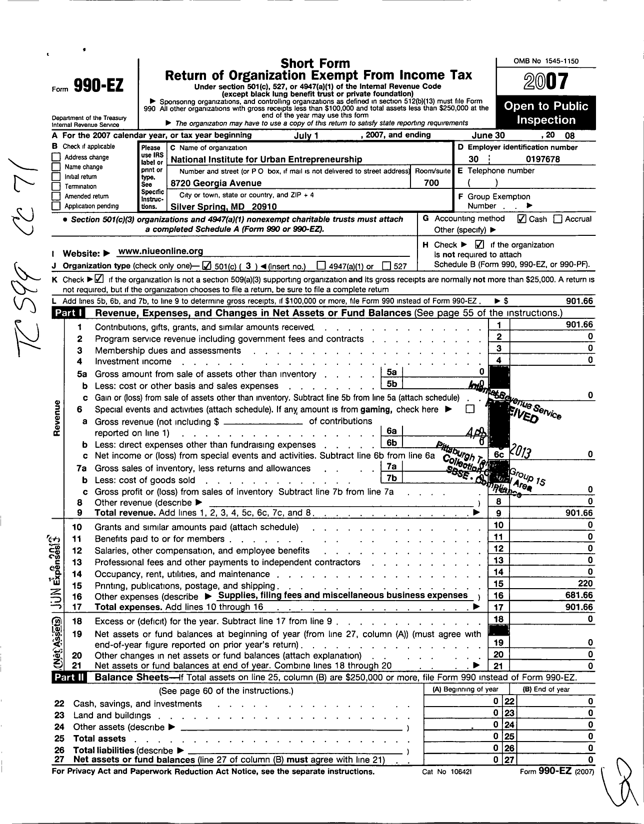 Image of first page of 2007 Form 990EZ for National Institute for Urban Entrepreneurship