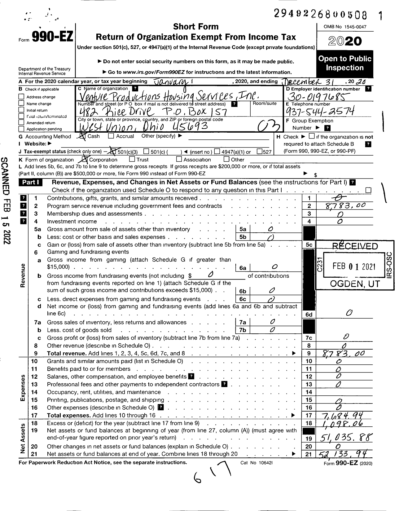 Image of first page of 2020 Form 990EZ for Venture Productions Housing Services