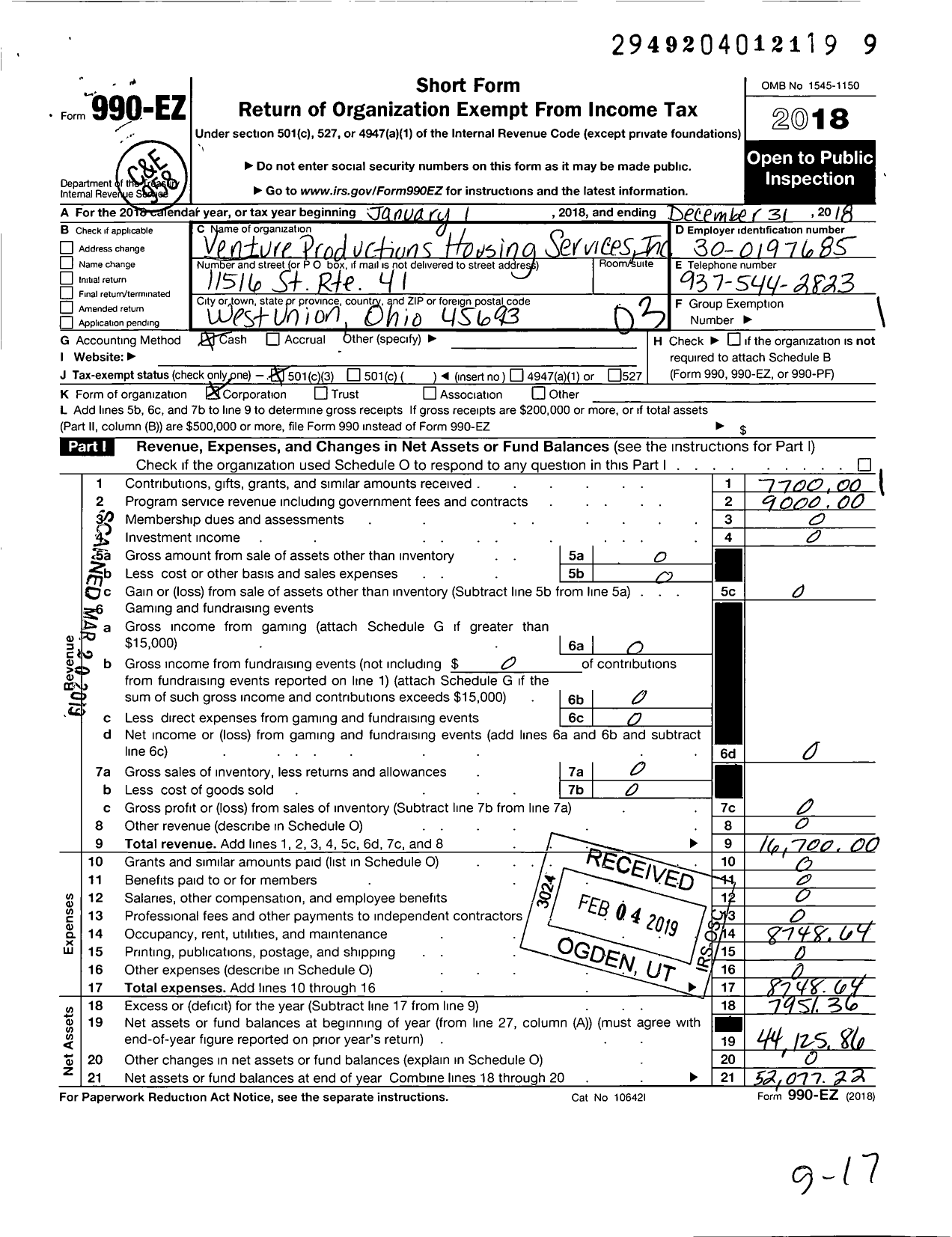 Image of first page of 2018 Form 990EZ for Venture Productions Housing Services