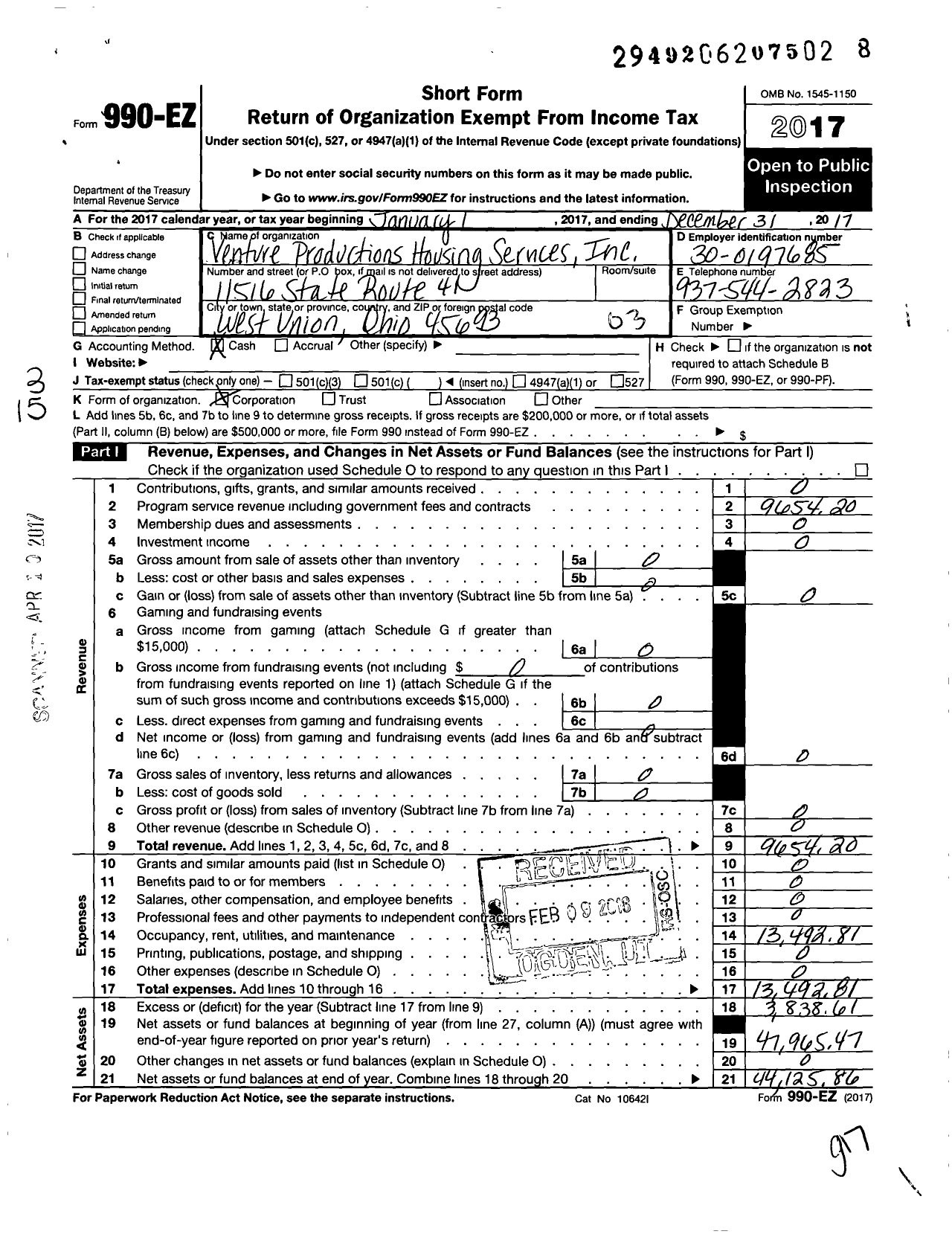 Image of first page of 2017 Form 990EZ for Venture Productions Housing Services