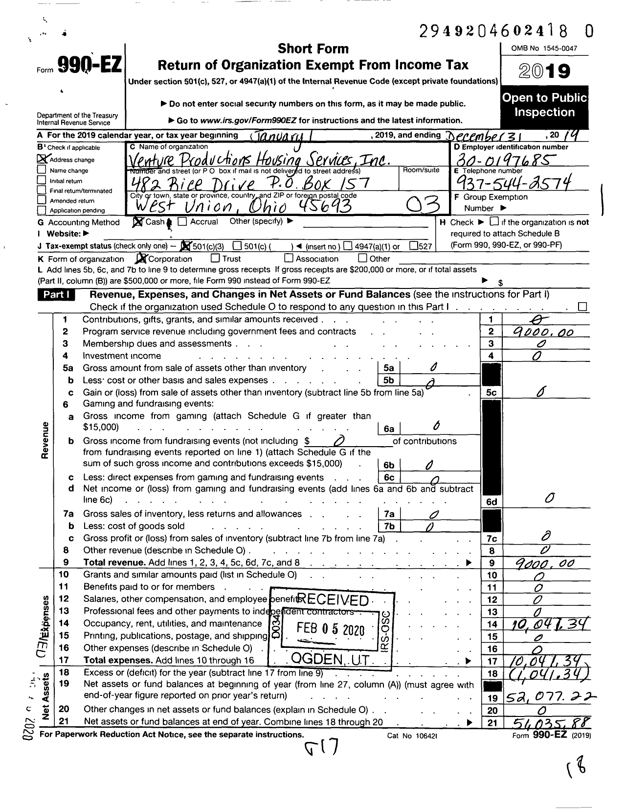 Image of first page of 2019 Form 990EZ for Venture Productions Housing Services