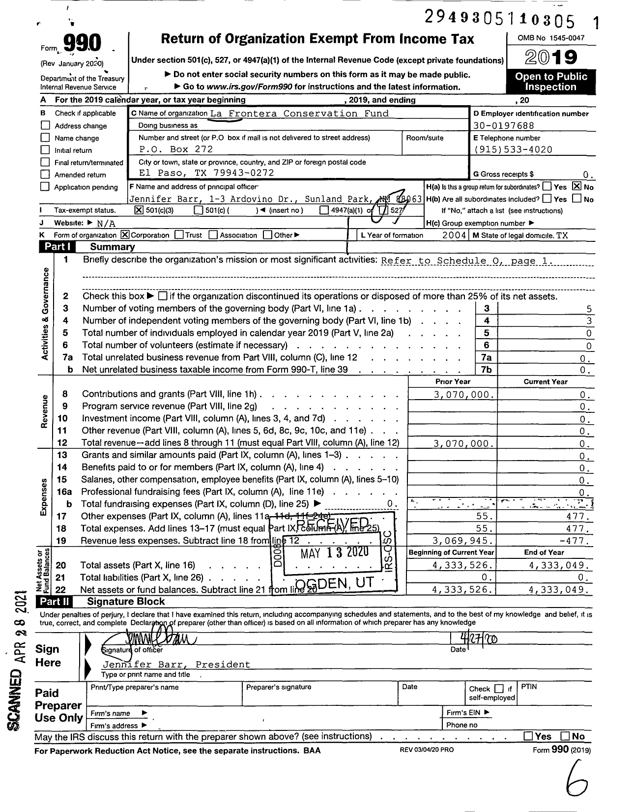 Image of first page of 2019 Form 990 for La Frontera Conservation Fund