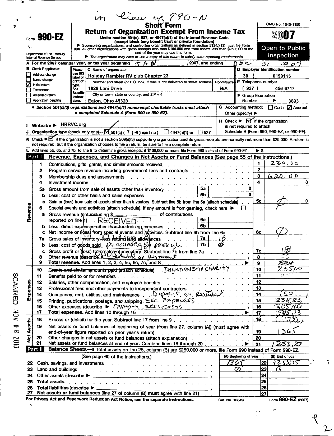 Image of first page of 2007 Form 990EO for Holiday Rambler Recreational Vehicle Club - 23 Chapter Roamin Holiday Ramblers