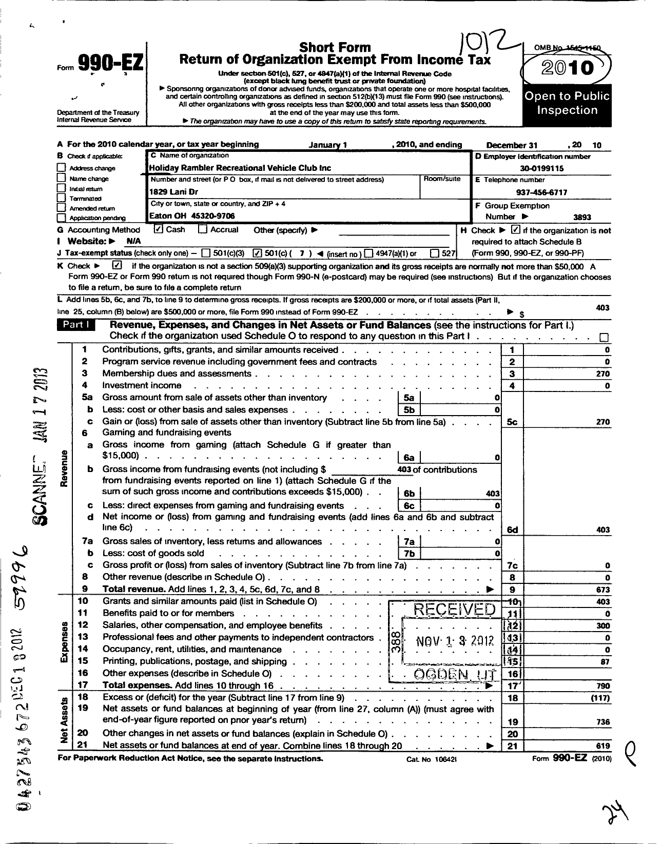 Image of first page of 2010 Form 990EO for Holiday Rambler Recreational Vehicle Club - 23 Chapter Roamin Holiday Ramblers