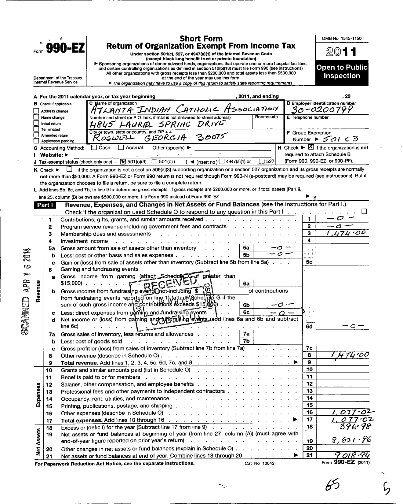 Image of first page of 2011 Form 990EZ for Atlanta Indian Catholic Association