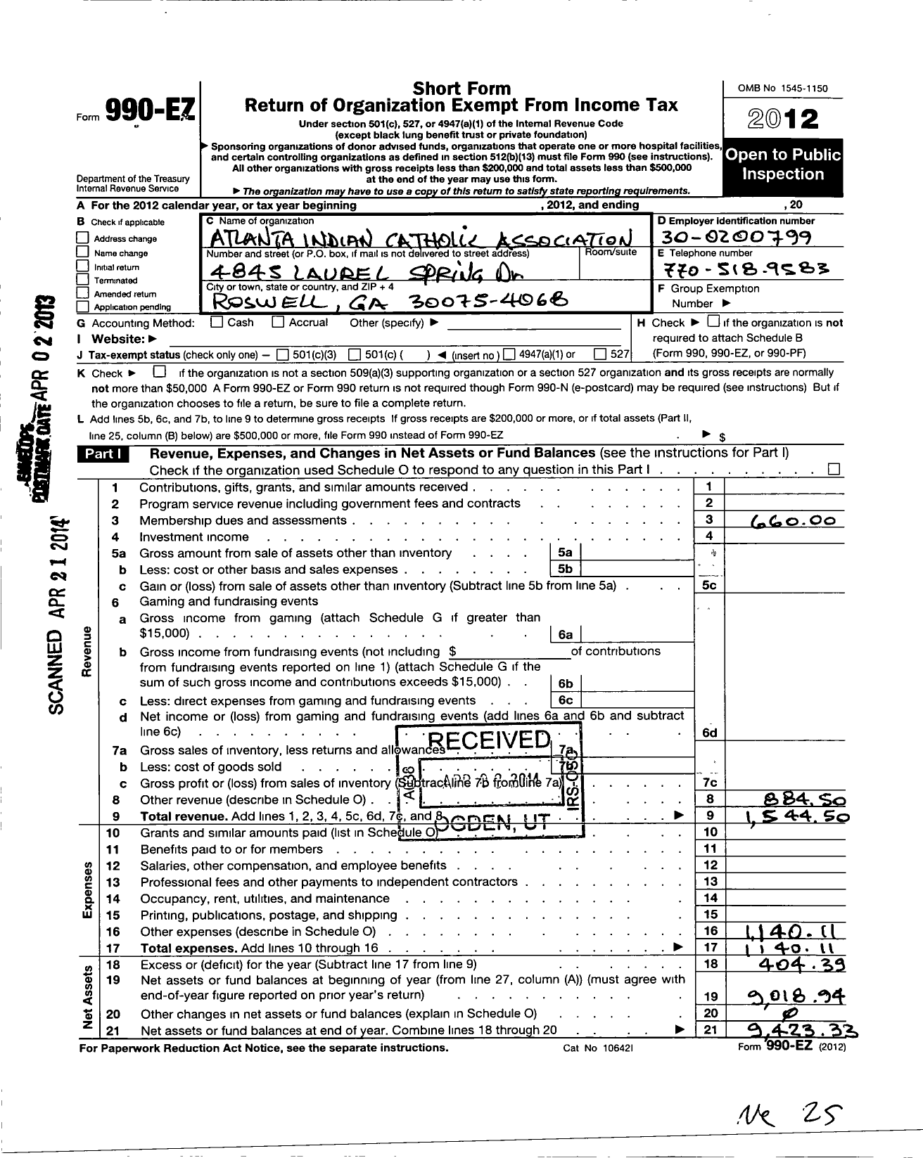 Image of first page of 2012 Form 990EO for Atlanta Indian Catholic Association