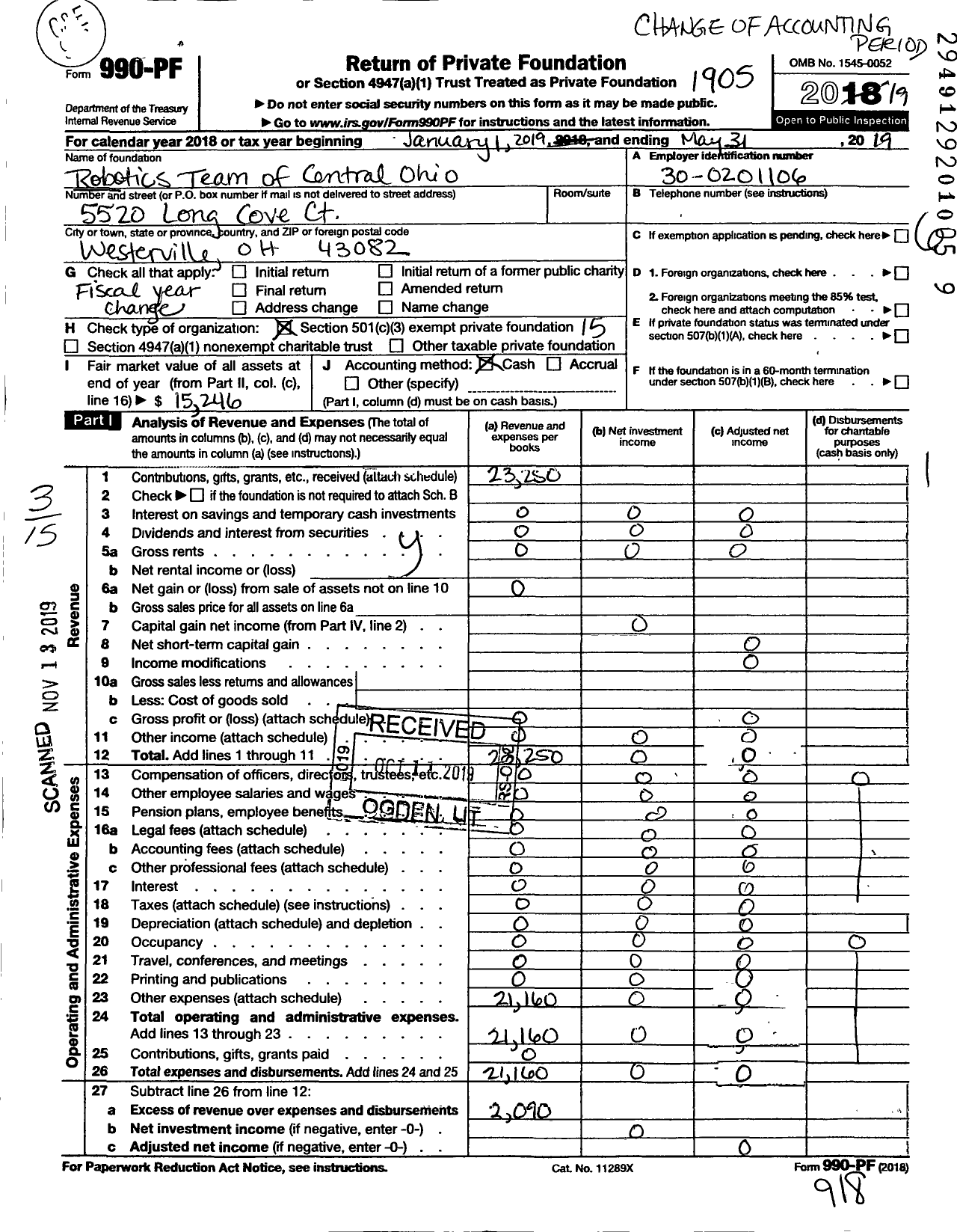 Image of first page of 2018 Form 990PF for Robotics Team of Central Ohio