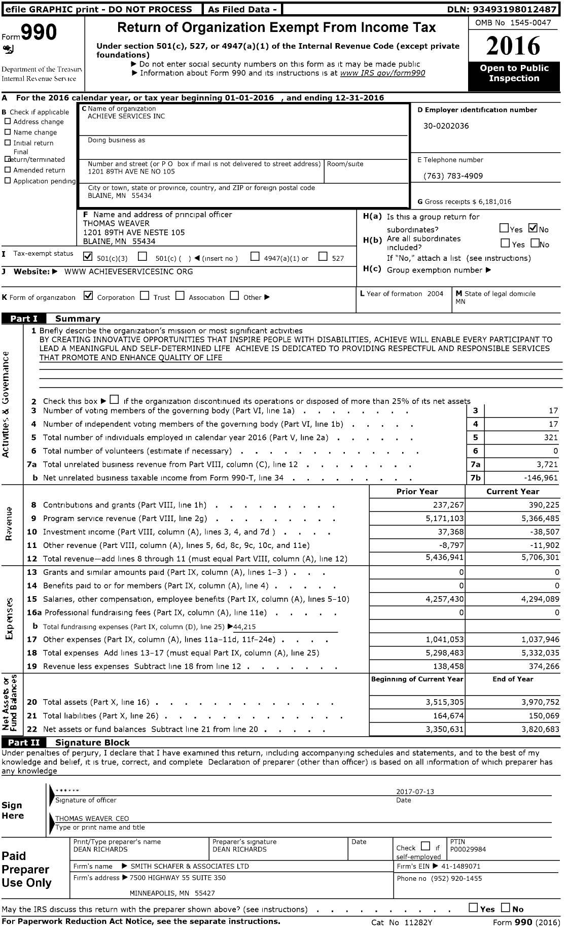 Image of first page of 2016 Form 990 for Achieve Services