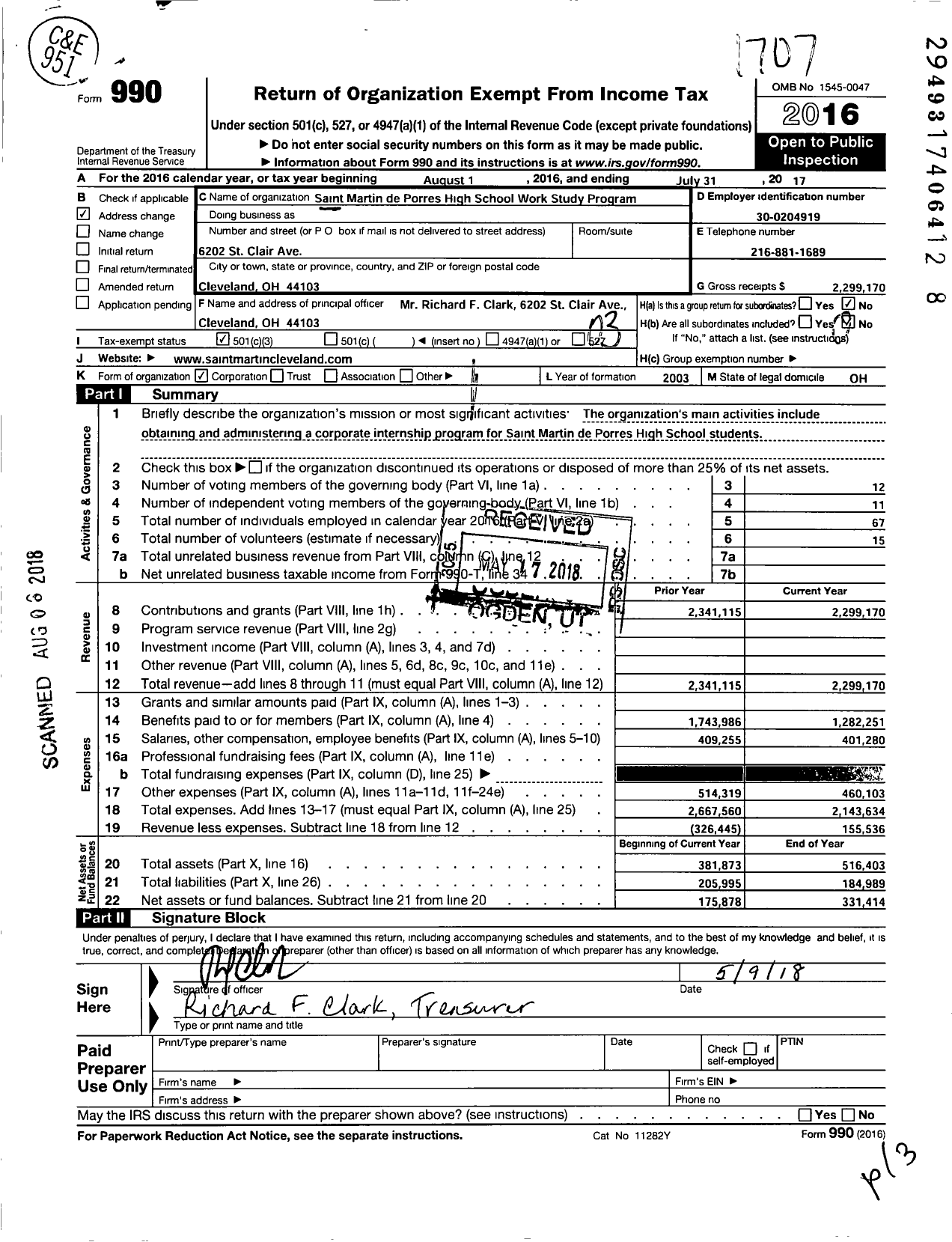 Image of first page of 2016 Form 990 for Saint Martin de Porres High School Work Study Program