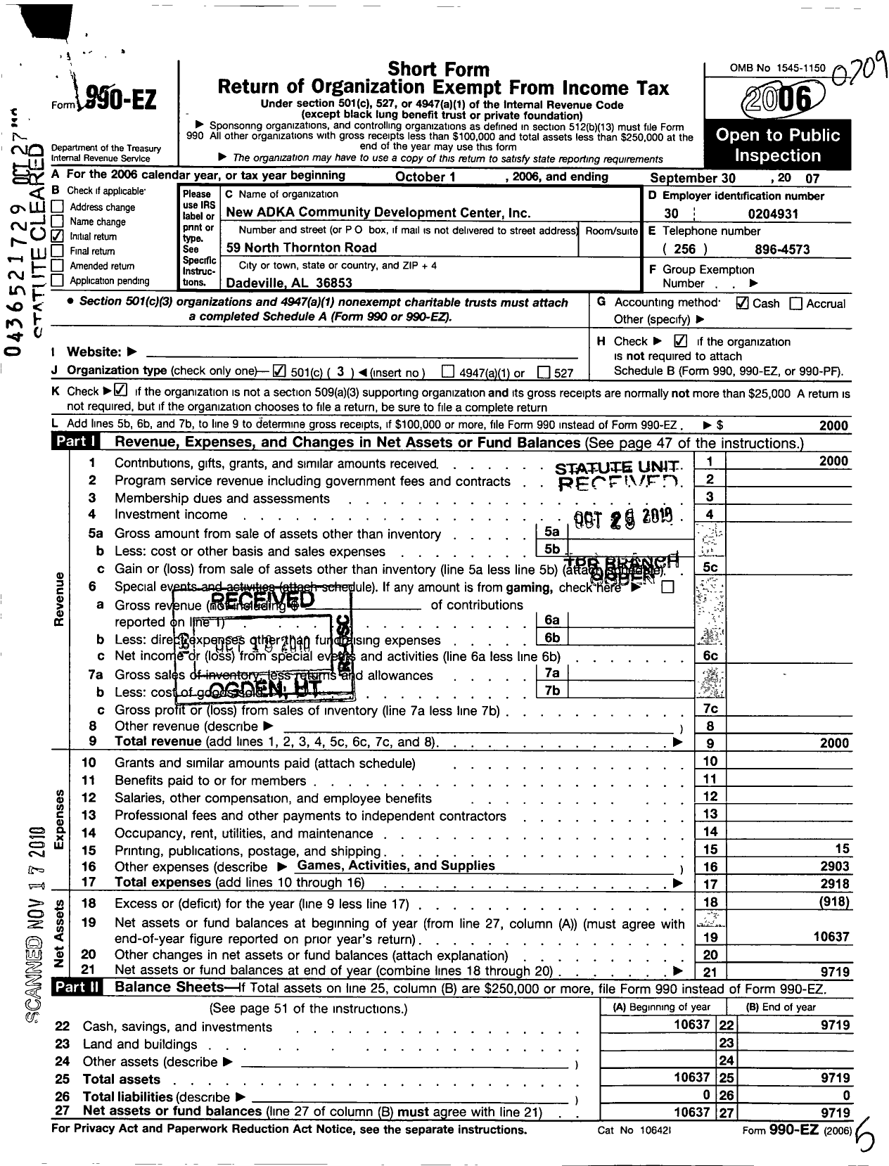 Image of first page of 2006 Form 990EZ for New Adka Community Development Center