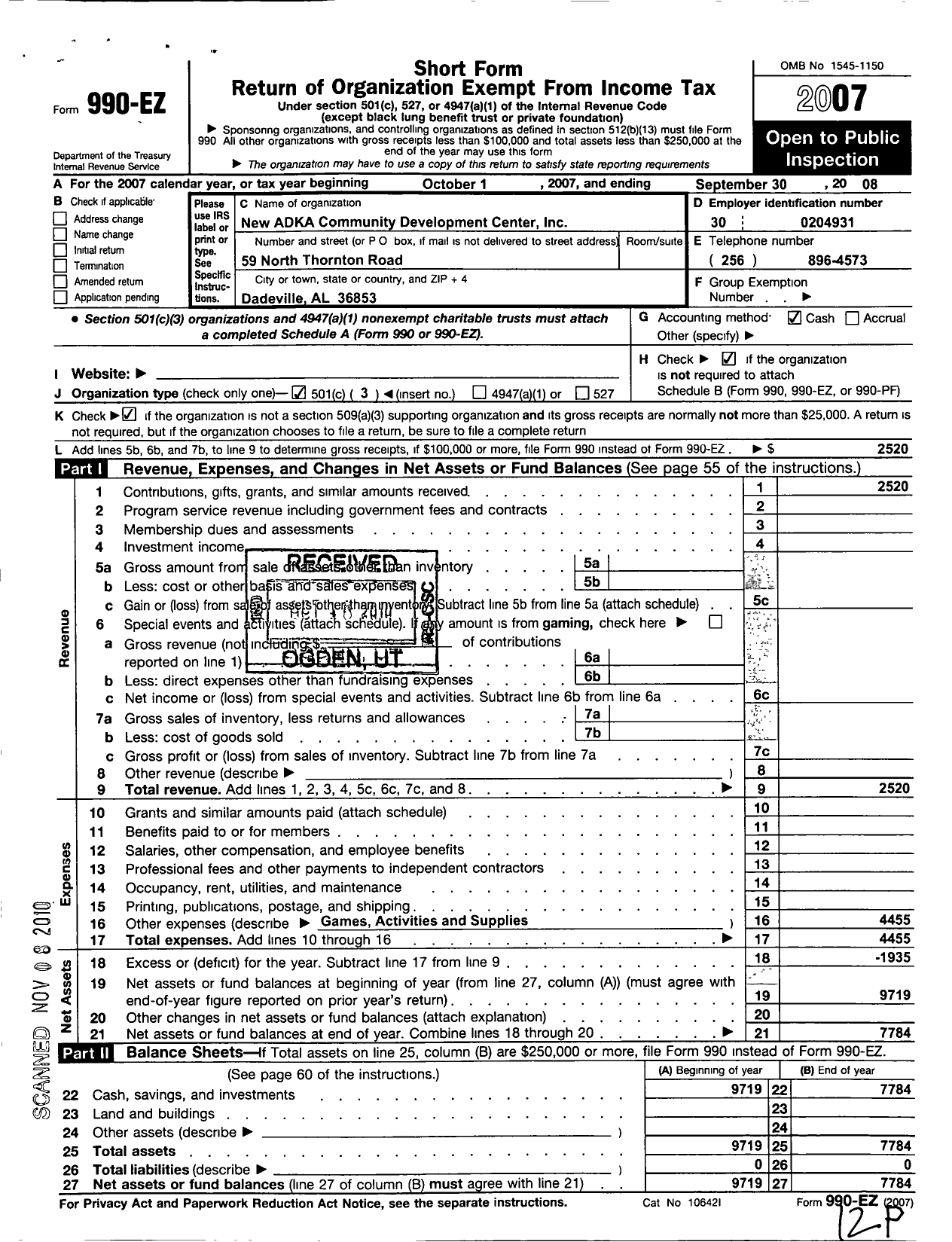 Image of first page of 2007 Form 990EZ for New Adka Community Development Center