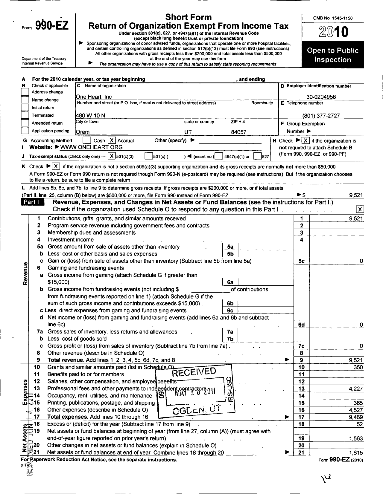 Image of first page of 2010 Form 990EZ for One Heart