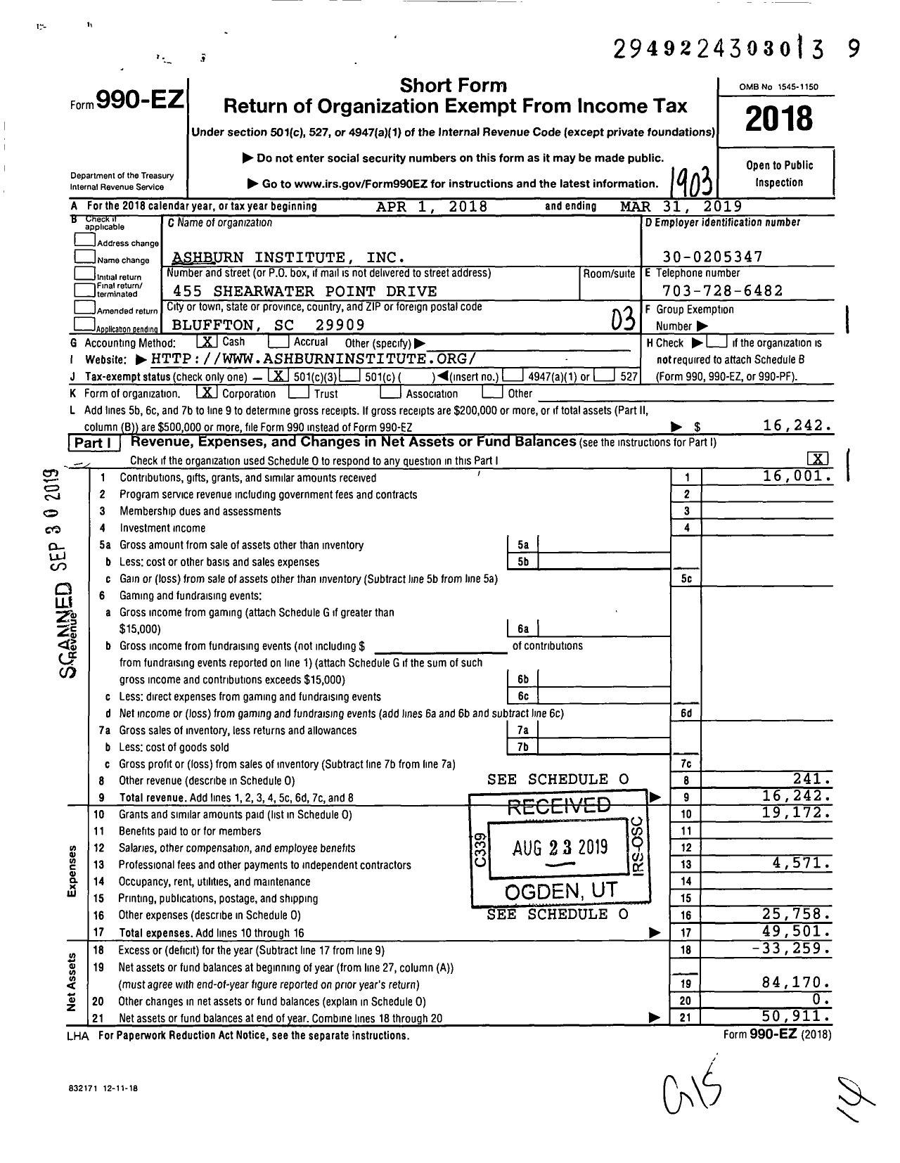 Image of first page of 2018 Form 990EZ for Ashburn Institute