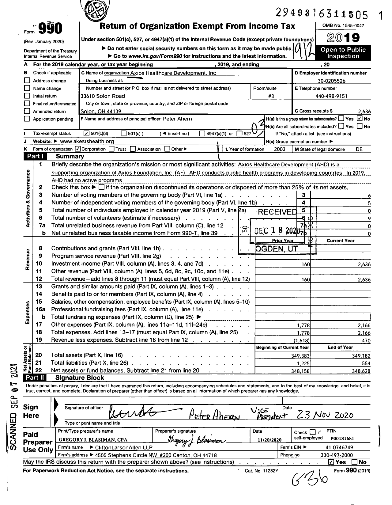 Image of first page of 2019 Form 990 for Axios Healthcare Development